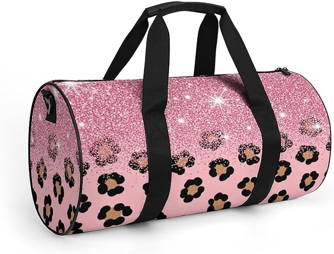 Lightweight Travel Sports Carry On Bag Pink Glitter Sparkles Cheetah Leopard Print Basketball Football Weekender Bag Sport Gym Fitness Tote