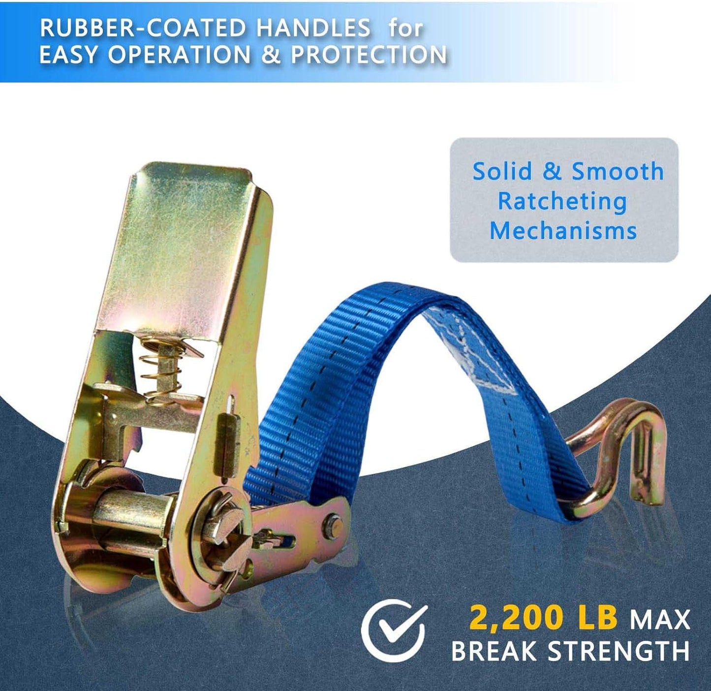 Ratchet Straps (4-Pack), 1 Inch x 16.4 Feet (2200lb Break Strength) with Sturdy Metal Hooks, 1x Work Gloves, Heavy Duty Tie Down Straps for Truck, Cargo Trailer, Motorcycle, Luggage, Moving (Blue)