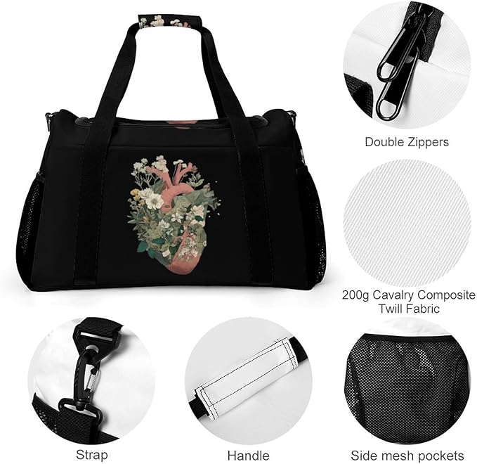 Botanical Heart Duffle Bag Gym Bag for Workout Travel Tote with Detachable Straps