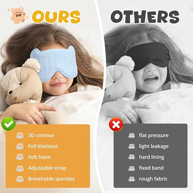 3D Kids Sleep Mask – Cute Bear Eye Mask for Sleeping, Comfortable Memory Foam Sleep Mask for Kids, Adjustable Strap and Lightweight Sleeping Mask for Boys Girls Teens Ages 5-15 (Blue)