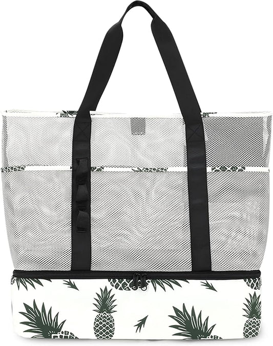 Beach Bag with Cooler,Mesh Beach Bags for Women Sandproof for Pool and Swimming Travel Daily with Durable 8 Pocket