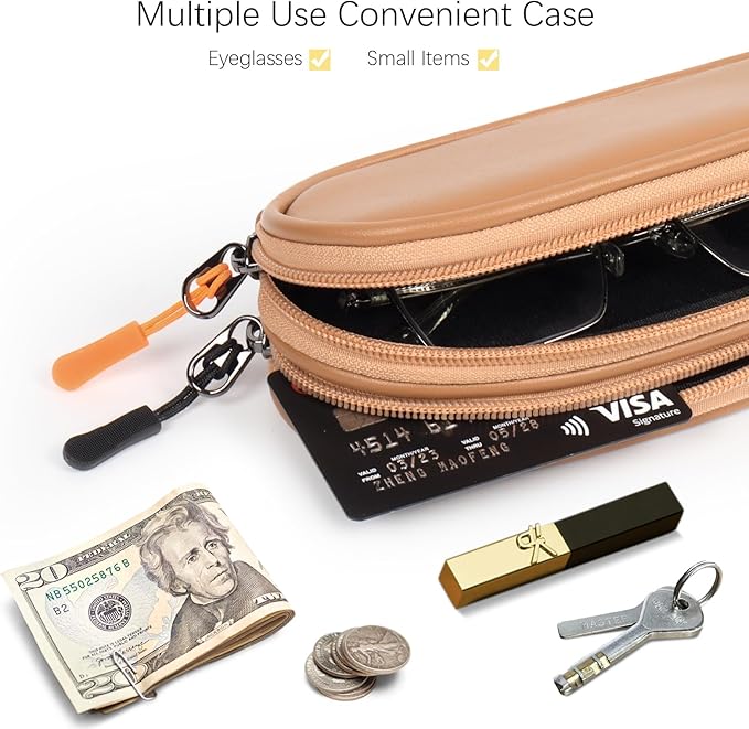 Double Eyeglasses Case Soft Portable Zipper Sunglasses Pouch with Keychain Clip for Men Women
