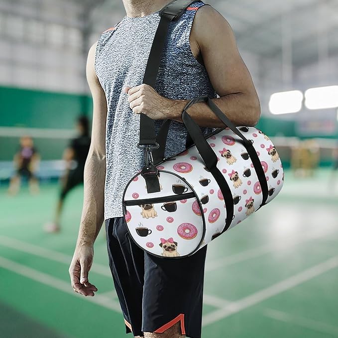 Weekender Carry on Beach Yoga Overnight Luggage Bag Gym Sports Travel Workout Bag Overnight Bags (Funny Dogs Pug Puppies Pattern Donut Coffee)