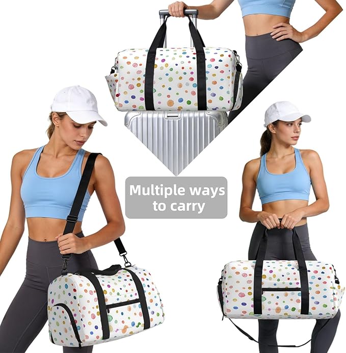 Rainbow Confetti Dots Watercolor Pattern Women'S Gym Duffle Bag With Shoes Compartment, Ideal For Travel, Gym, Sports, Duffel, Weekender