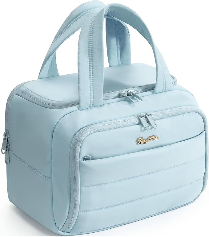 Travel Toiletry Bag for Women, Lightweight Large Quilted Puffy Makeup Bag Wide-open Make up Organizer Cloud Cosmetic Bag w/Handle for Traveling Toiletries Essentials Accessories Light Blue