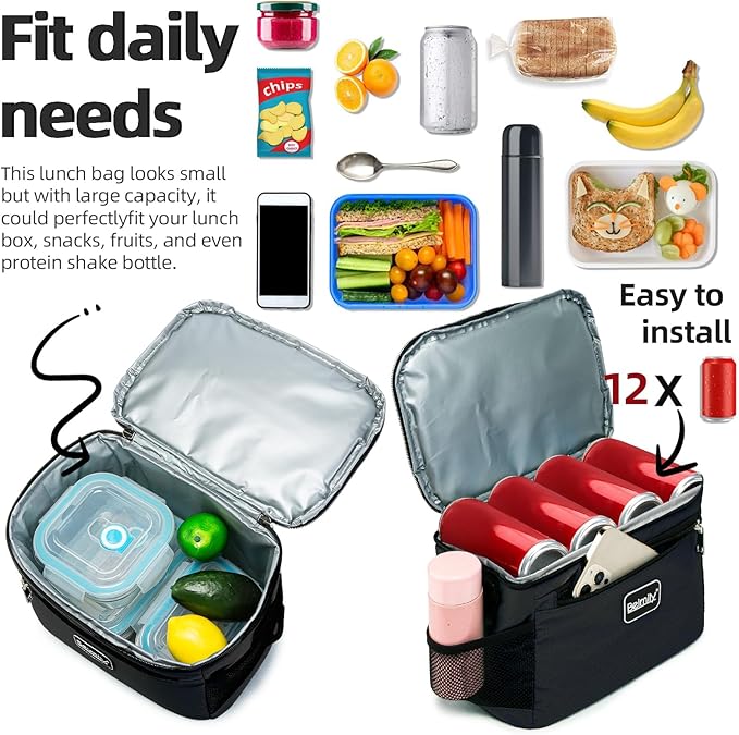 BEIMILY Lunch Box for Men/Women, Small Insulated Lunch Bag, Leak-Proof Soft Cooler Tote Bag, Reusable LunchBox for Work, Travel, Fitness, Picnic with Adjustable Shoulder Strap for Adults (Black)
