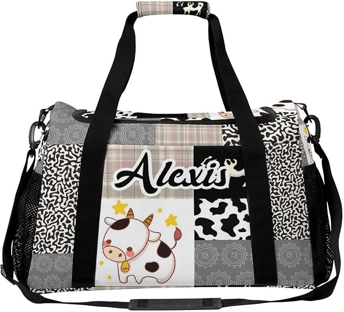 Travel Bag Khaki Gray Plaid Lattice Cow Customized Duffel Bags Weekender Overnight Bag Personalized Gift Adjustable Detachable Shoulder Strap Packs