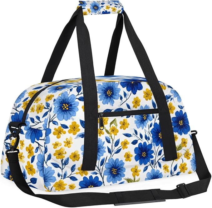Yellow Blue Flowers Gym Travel Duffle Bag for Women & Men with Front Zipper Pocket for Sports, Overnight, Weekender, Carry On,Workout & Dance Bag,Florals Flower Daisy,18.9 * 8.7 * 10.6 in