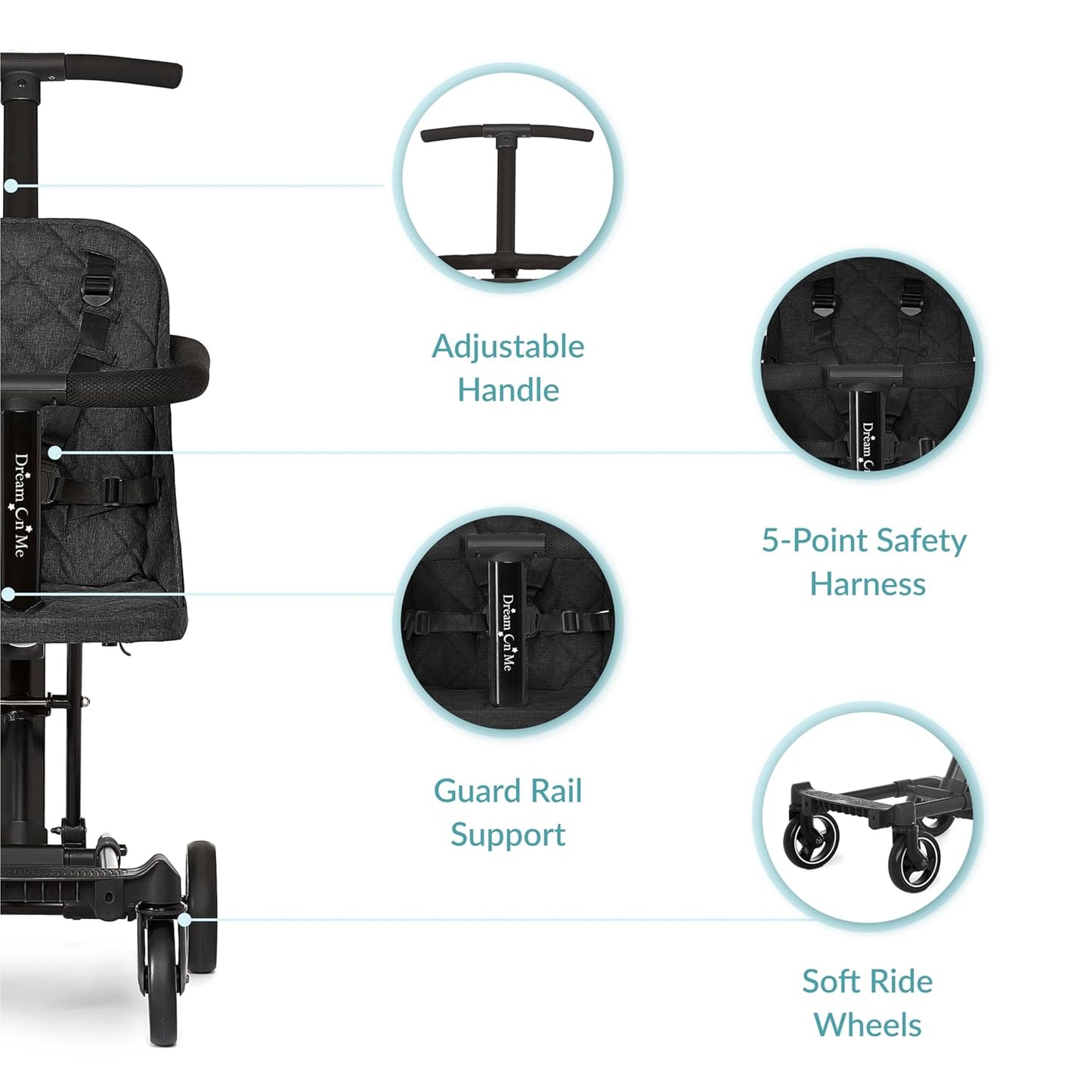 Dream On Me Lightweight and Compact Coast Rider Stroller with One Hand Easy Fold, Adjustable Handles and Soft Ride Wheels, Black