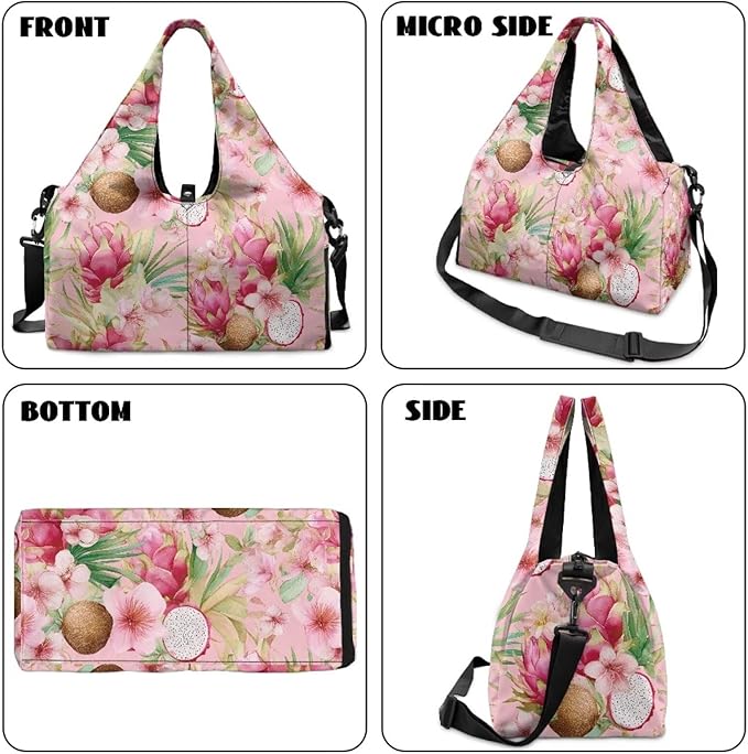 Gym Bag Women with Shoe Compartment, Dragon Fruit Travel Tote Bag with Wet Dry Pocket, Double Zipper, Lightweight Sports Bag for Office Weekend Travel Shopping