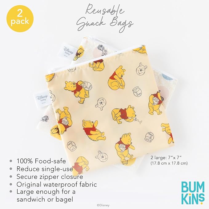 Bumkins Disney Reusable Sandwich and Snack Bags, for Kids School Lunch and for Adults Portion, Washable Fabric, Waterproof Cloth Zip Bag, Travel Pouch, Food-Safe Storage, Large 2-pk Winnie the Pooh