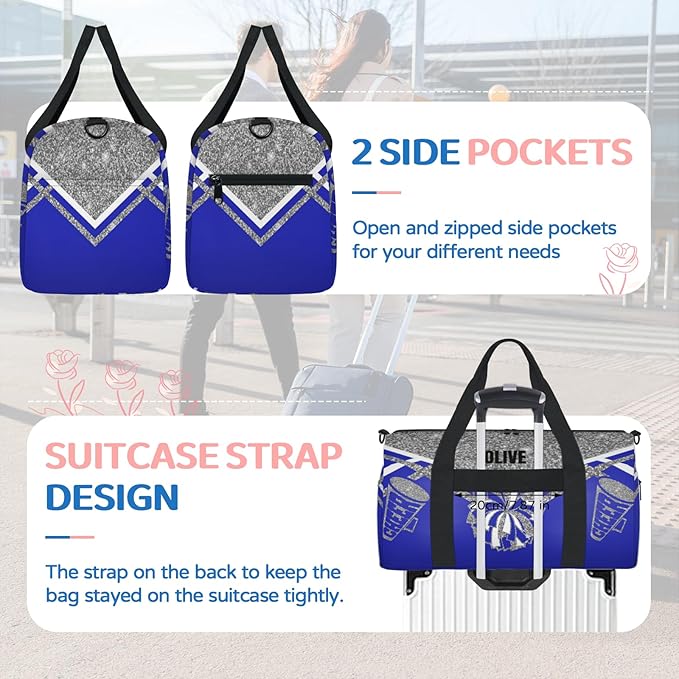 Personalized Cheerleading Dance Bag, Custom Small Sport Weekender Sleepover Travel Duffel Bag, Silver Grey Glittering with Navy Blue Cheer Theme
