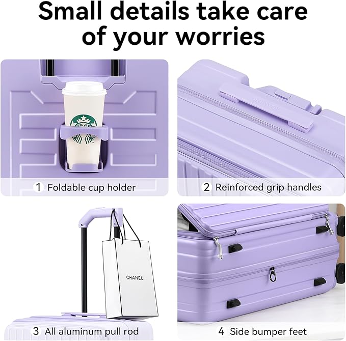 ROAMING 26-Inch Checked Luggage Expandable Front Opening Rolling Vacation Suitcase with Spinner Wheels and TSA Lock Cup Holder, PC Hard Shell Travel Trolley Case for Shout Business Trips purple