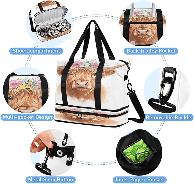 Travel Duffel Bags for Women Cute Highland Cow with Flower Crown Print Sports Duffel Bags Gym Bags with Shoes Compartment Tote Bag Weekender Bag for Travelling