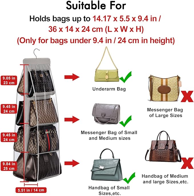 Lirex Handbag Hanging Organizer, 8 Pocket Purse Storage Hanger Oxford Cloth Closet for Family Closet Bedroom, Foldable and Universal Fit (Black)