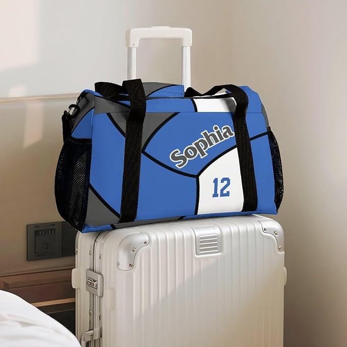Custom Volleyball Blue Duffel Bag with Name Personalized Travel Bags Sport Gym Bag Carry On Weekender Bags for Men Women