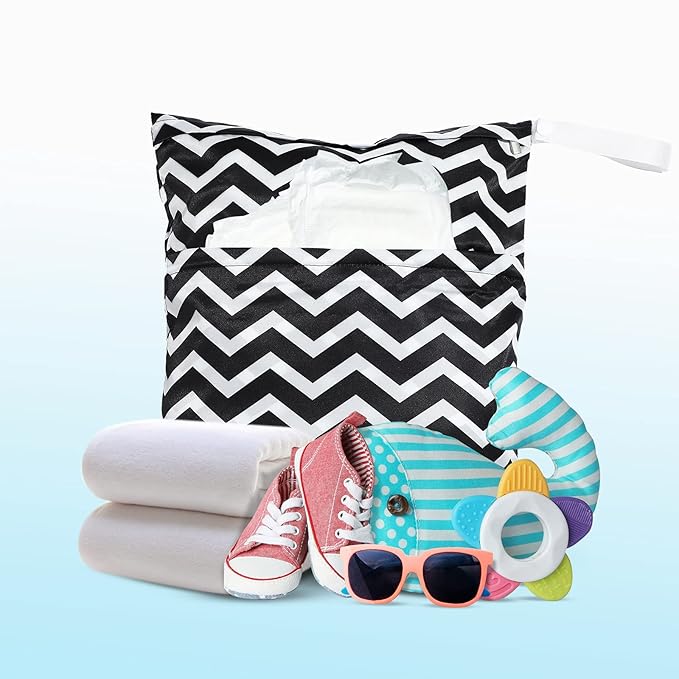 Frienda 4 Pieces Wet Dry Bag for Baby Waterproof Reusable Washable Diaper Bag Sealed with Handle for Travel, Beach, Swimsuit, Diapers, Dirty Gym Clothes and Toiletries (Dark Geometric)