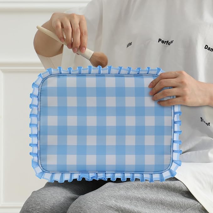 Gingham Ruffle Makeup Bag,Large Travel Cute Cosmetic Bag for Women Girls,Toiletry Bag Make up Organizer 11.8 x 4.7 x 9 inch (Blue Gingham)