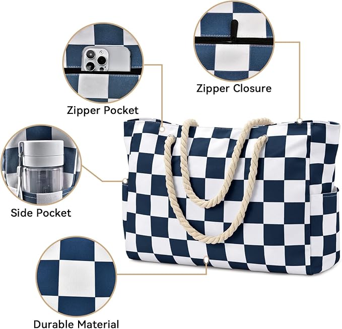 Becokan Beach Bags for Women Checkered Large Beach Tote Bag Zipper Beach Bags Waterproof Sandproof Canvas Swim Pool Bag