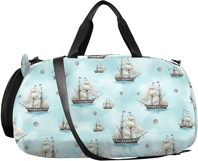 VIGTRO Nautical Ships Blue Water Kids Overnight Travel Duffel Bag Sport Gym Bag for Boys Girls with Shoe Compartment, Carry On Weekender Luggage Bag for Dance Swim Yoga