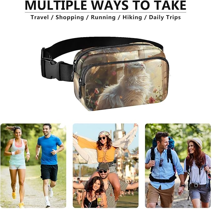 White Cat Sits by Flower Window Fanny Pack for Women Men Water Resistant Fashion Waist Packs with Adjustable Strap Belt Bag for Travel Workout Jogging Hiking 21220536