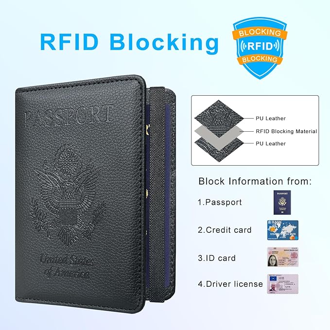 ACdream Passport Holder Cover, Leather Travel Wallet Case, RFID Blocking Document Organizer Protecrtor, with Slots for Credit Cards, Boarding Pass, for Women and Men - Black
