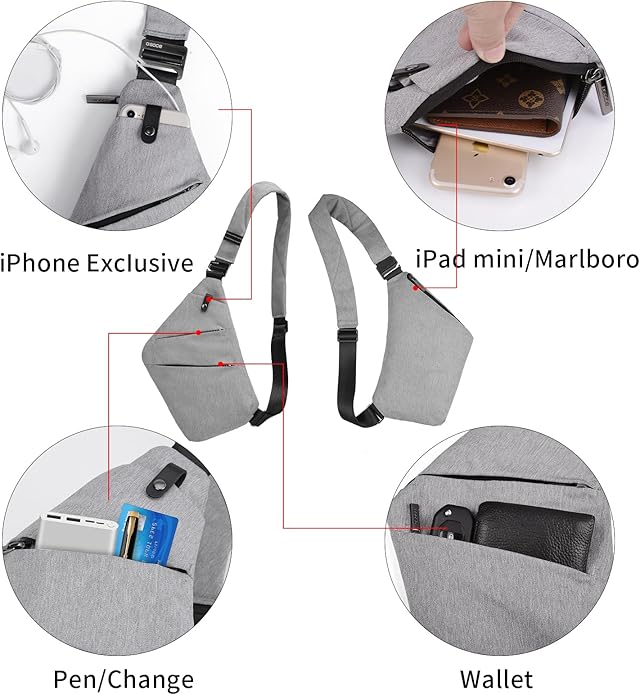 Crossbody Sling Bag, Water-Resistant Anti Theft Chest Pack, Minimalist Commuter Daypack for Travel Hiking Work