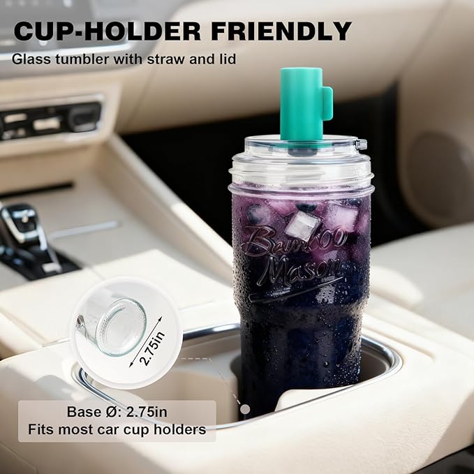 ANOTION 2pc Glass Tumbler with Lids and Straws, Leakproof 24oz Mason Jar Cups, Leak-Proof Cap, Self-Assembly Silicone Straw, Reusable Iced Coffee Smoothie Matcha Cup Aesthetic Coffee Gifts Women