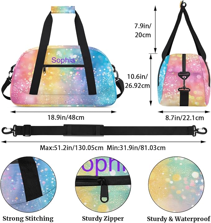 Custom Name Blue Pink Yellow Glitter Girl Gym Travel Duffle Bag with Front Zipper Pocket Personalized Sports Bag for Overnight, Weekender, Carry On,Workout & Dance, 18.9 * 8.7 * 10.6 in