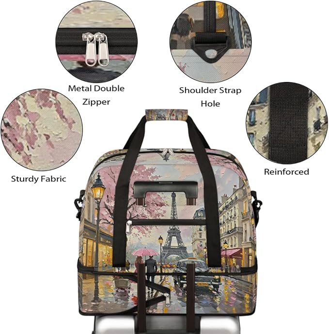 Foldable Travel Duffel Bag for Women - Carry on Personal Item Bag with Shoes Compartment, Weekender Overnight Duffle Bags Sport Tote Gym Luggage for Airplanes Traveling(Eiffel Tower)