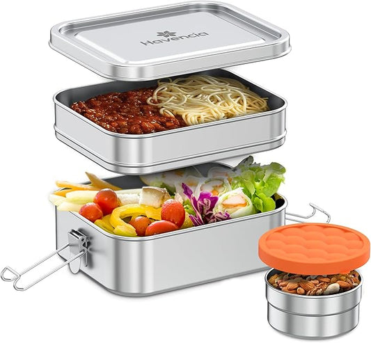 Stackable Stainless Steel Bento Box with Snack Container, 47oz/1400ml - Stainless Steel Lunch Box, Metal Bento Box for Kids & Adults, Eco-Friendly with Compartments for School, Work & Travel