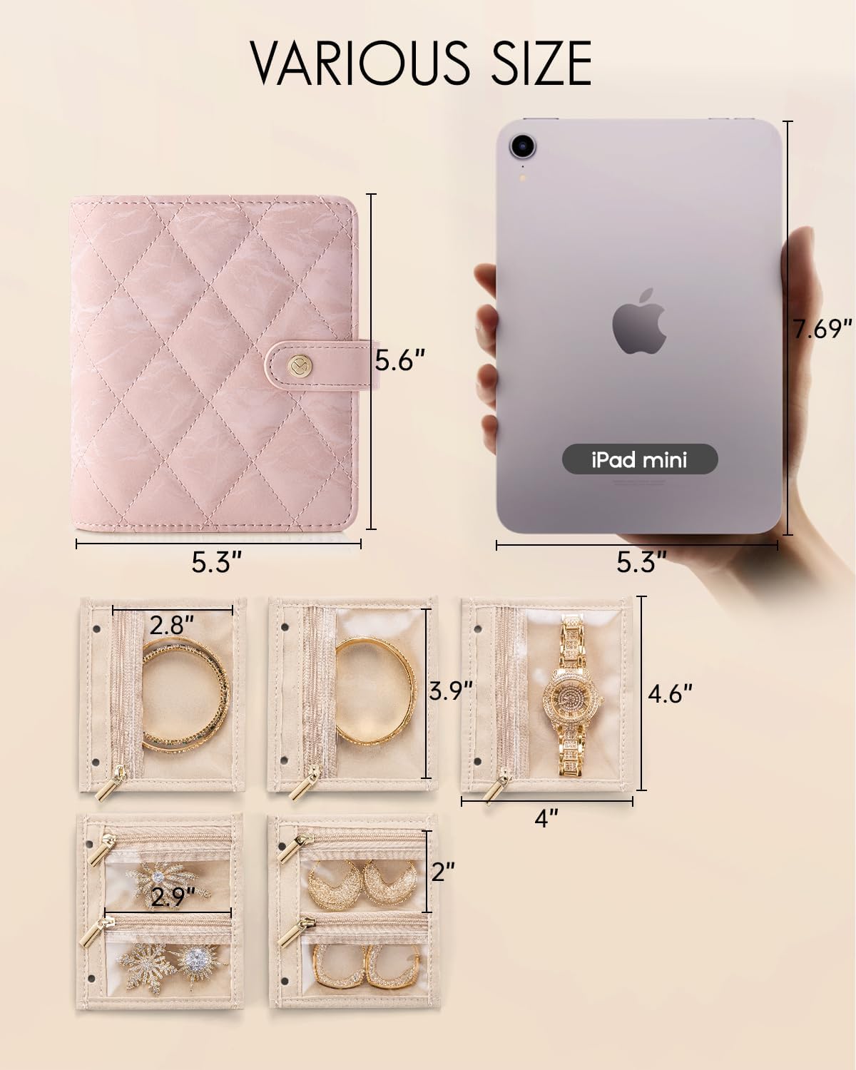 Vlando Travel Jewelry Organizer Case,Gifts for Women,Portable Jewelry Storage Book Ring Binder with Clear Zipper Velvet Pouch Bag for Traveling,Rings,Necklace,Earrings,Bracelets,Brooches-Sand Pink