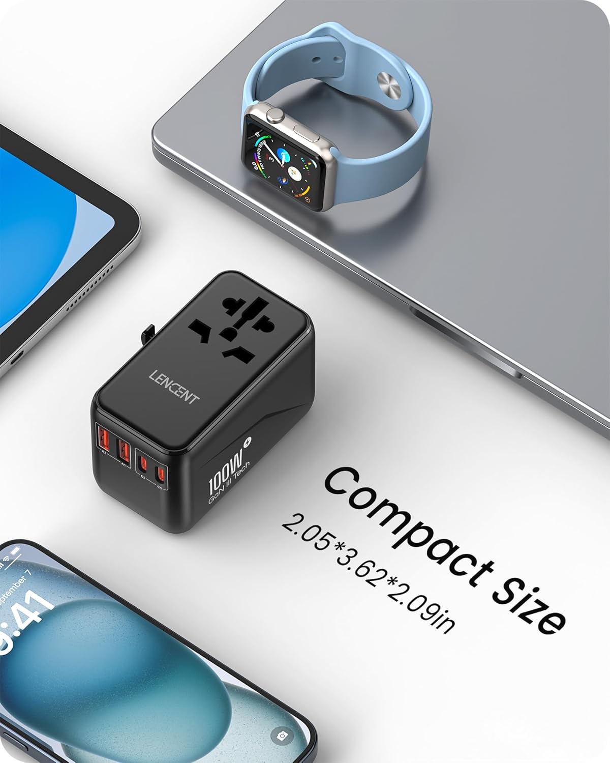 LENCENT Universal Travel Adapter, 100W GaN3 International Adaptor with 2 QC4.0 USB-A+2 PD3.0 Type-C PPS Fast Charging, Worldwide Wall Charger for iPhone,Samsung,Laptop, Plug Adapter USA/UK/EU/AU Black