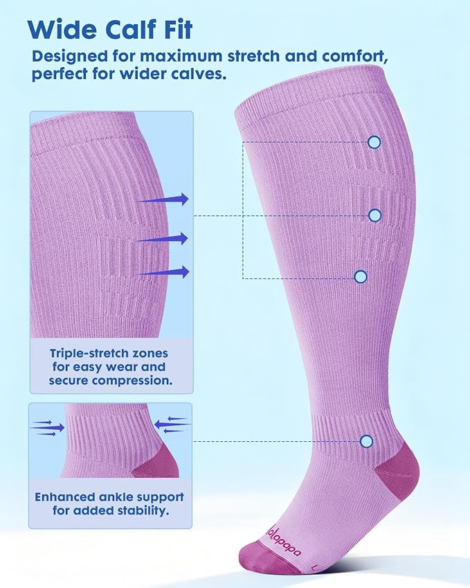 Wide Calf Compression Socks for Women - 3-Pair Plus Size 20-30mmHg Ankle Support Easy on off Socks for Travel Nurse