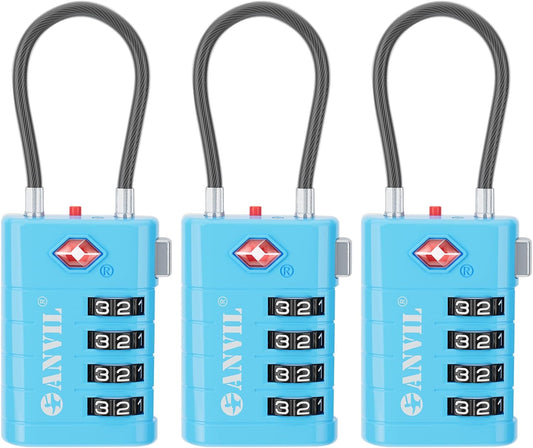 ANVIL 4 Digit Luggage Locks, TSA Locks for Luggage, Advanced TSA008 core, Alert Indicator for Your Travel Lock, Suitcase Lock. (3, Blue)