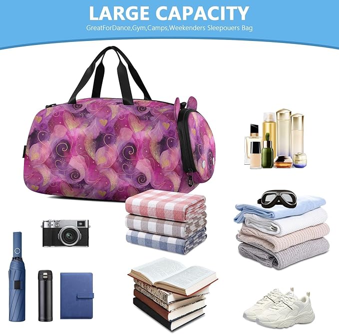 Watercolor Golden Lines Peach Hearts Gym Duffel Bag with Shoes Compartment Large Capacity Weekend Travel Bag for Travel, Sports, Fitness & Workout bulto de viaje