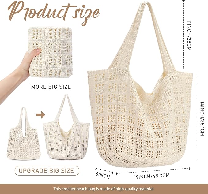 hatisan Crochet Bags for Women - Summer Beach Tote, Aesthetic Hippie Knit Bag