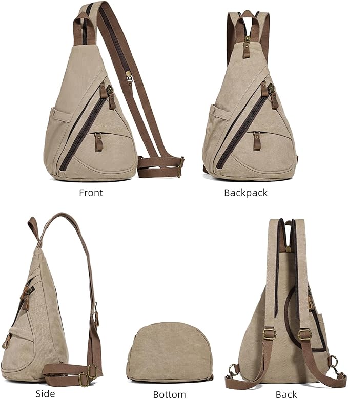 KL928 Canvas Sling Bag - Small Crossbody Backpack Shoulder Casual Daypack Rucksack for Men Women(Large Version,Khaki)