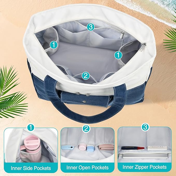 Beach Bags for Women Large Canvas Beach Tote with Zipper Wet Pocket, Waterproof Foldable Swim Pool Travel Tote Bags