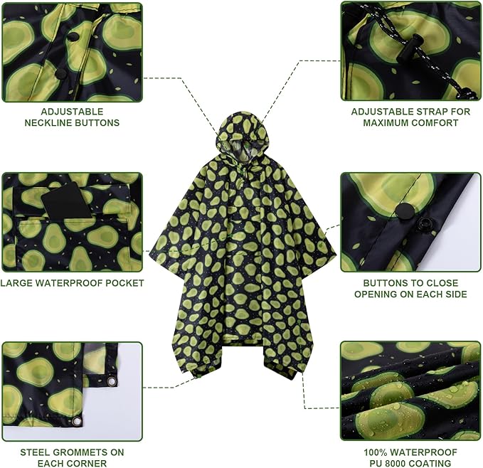Hooded Rain Poncho for Adults - Waterproof Rain Coat and Lightweight Jacket 3-in-1 Multi-Function with Pockets