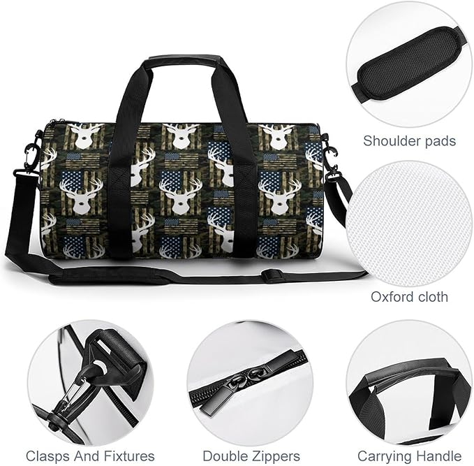 Beach Swim Bags American Flag Camo Deer Men Women Duffle Bag Foldable Gym Bag Lightweight Travel Sports Bags for Men and Women