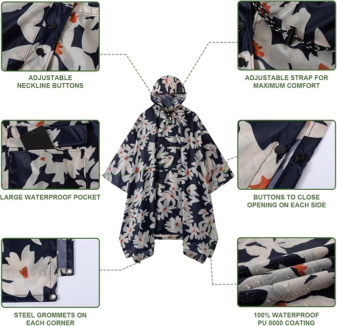 Hooded Rain Poncho for Adults - Waterproof Rain Coat and Lightweight Jacket 3-in-1 Multi-Function with Pockets