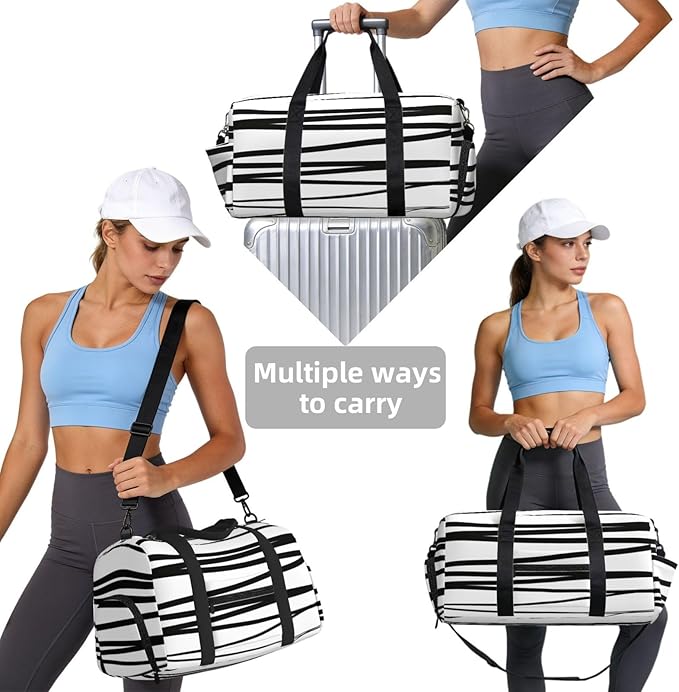 Modern Black White Lines Abstract Women'S Gym Duffle Bag With Shoes Compartment, Ideal For Travel, Gym, Sports, Duffel, Weekender