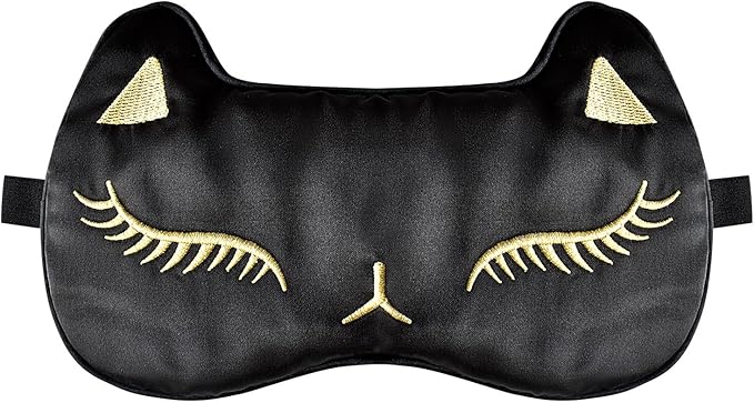 Cute Cat Silk Sleep Mask Adjustable Eye Mask Sleeping Mask Eye Cover Soft Satin Blindfold Eye Shade for Girls Women Men Travel Nap - Black