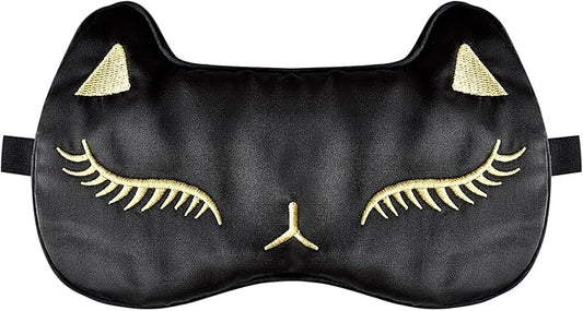 Cute Cat Silk Sleep Mask Adjustable Eye Mask Sleeping Mask Eye Cover Soft Satin Blindfold Eye Shade for Girls Women Men Travel Nap - Black