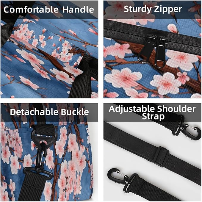 Pink Cherry Blossoms Sports Duffel Bags, Water-Resistant Gym Duffle Bag for Men Women, Lightweight Weekender Overnight Bag for Fitness, Workout, Travel