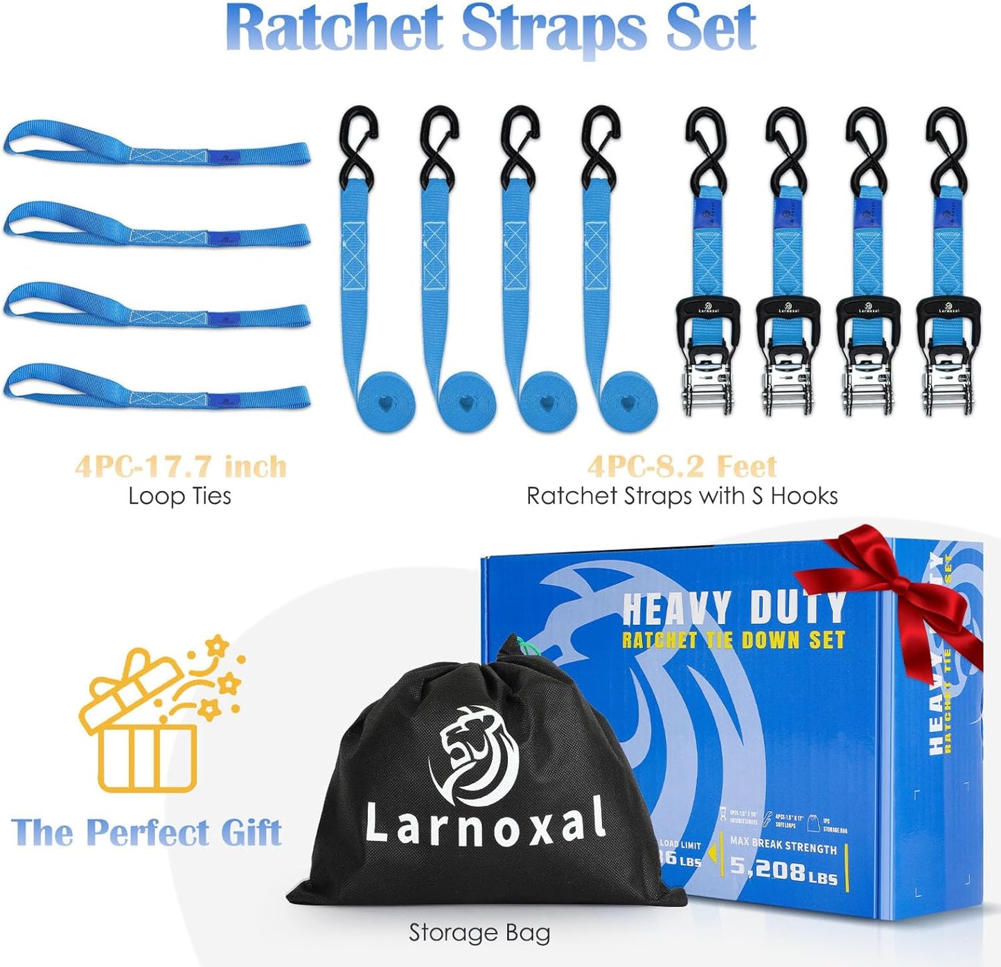 Ratchet Straps 4 Pack - 5,208 Lbs Break Strength 1.5 in x 8.2 Ft Heavy Duty Ratchet Tie Down Straps with S Hooks Set for Truck, Cargo Van, Trailer, Motorcycle (Blue)