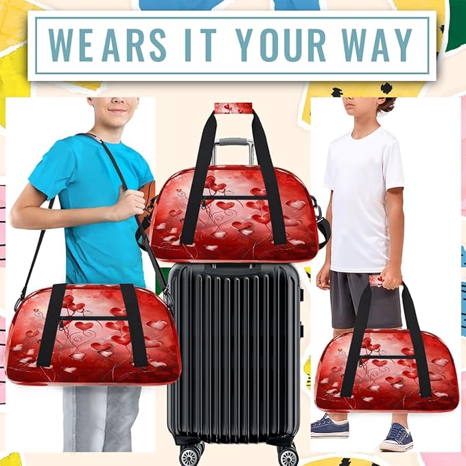 Red Heart Floral Pattern Sports Duffel Bags, Water-Resistant Gym Duffle Bag for Men Women, Lightweight Weekender Overnight Bag for Fitness, Workout, Travel