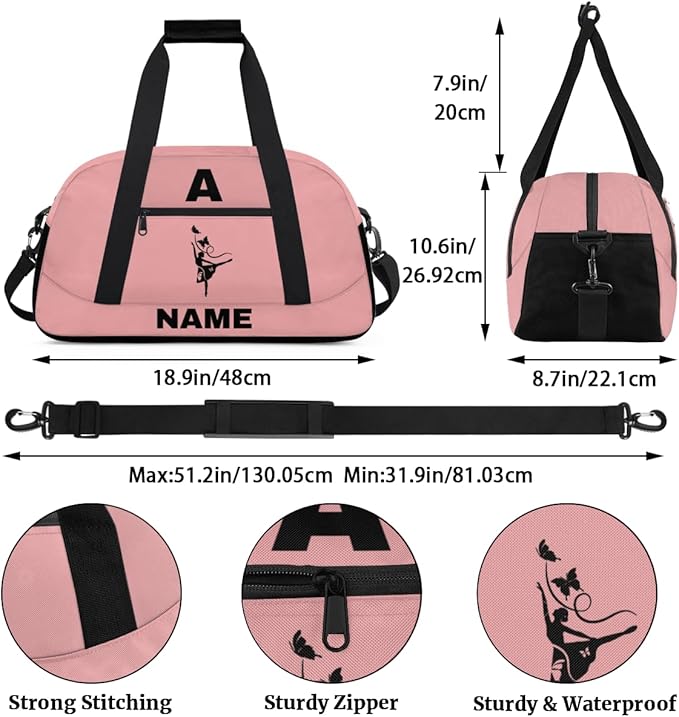 Personalize-Kids-Sports-Duffel-Bags With Custom Name Text Carry-On Overnight Travel Gym Lightweight Dance Pattern Sports Bags For Girls Boys Kids,Pink 3