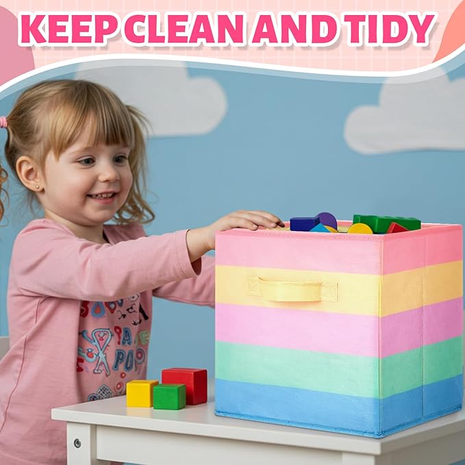 Yinder 12 Pcs Cube Storage Bin Rainbow Colorful 11'' Storage Bins for Playroom Decor Colorful Bins for Kids Foldable Baskets for Nursery Organizer Boxes Fabric Boxes